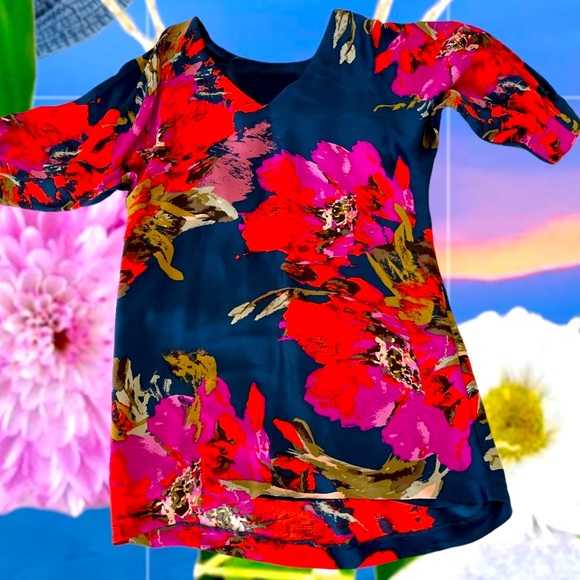 Trina Turk Red Blue Puff Sleeve Floral Silk Dress - Picture 1 of 6